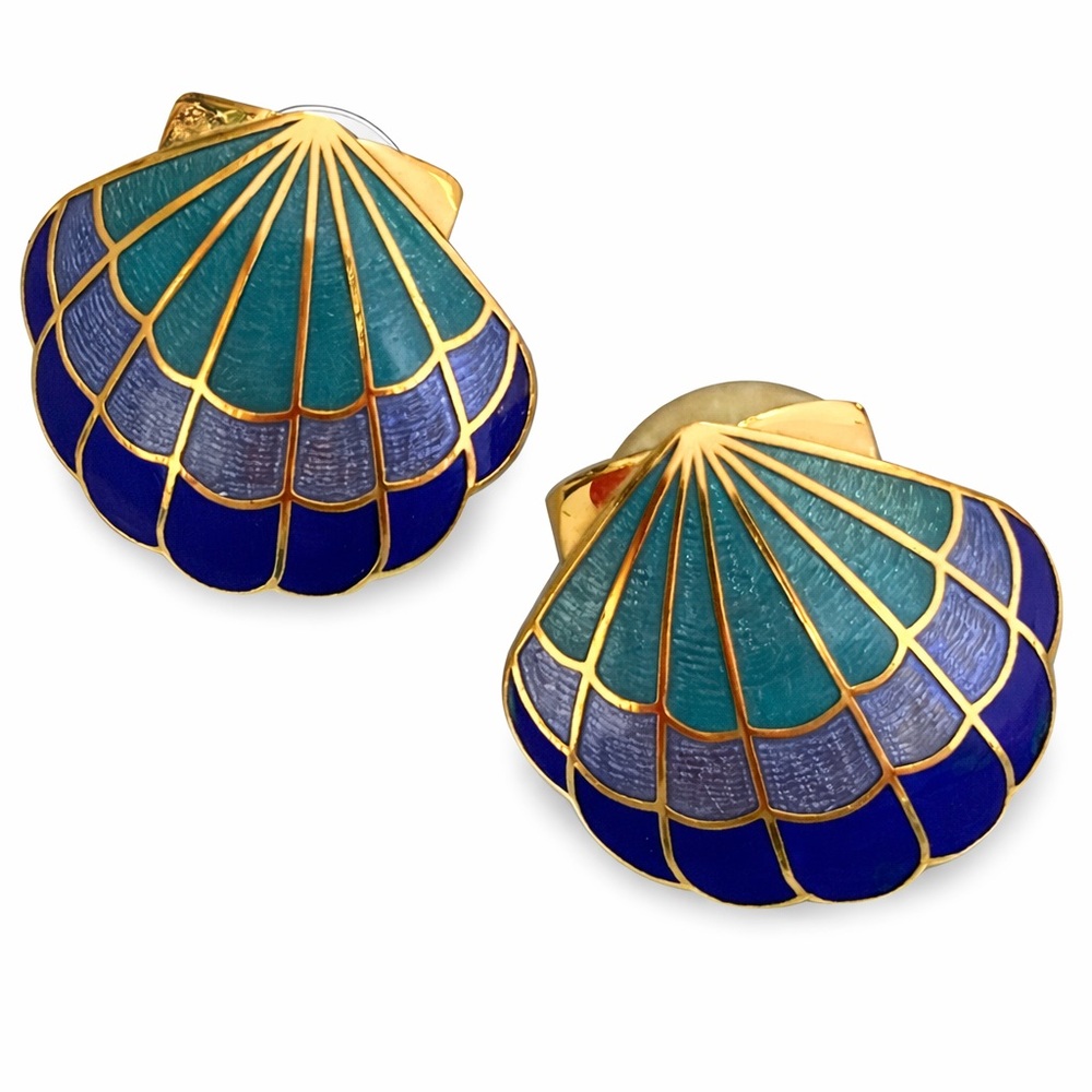 Vintage Cloisonné Enamel Seashell Earrings – Blue & Gold Coastal  Studs